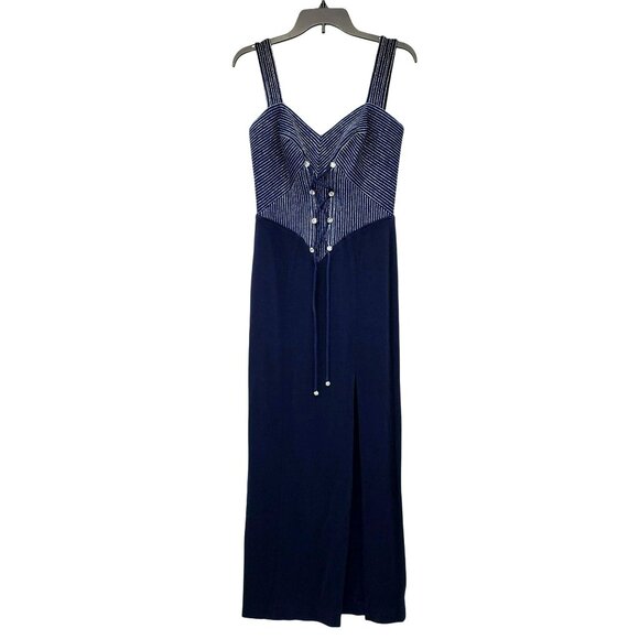 Vintage 90s Tadashi Blue Silver Corset Rhinestone Long Maxi Prom Dress HOCO - Picture 1 of 11